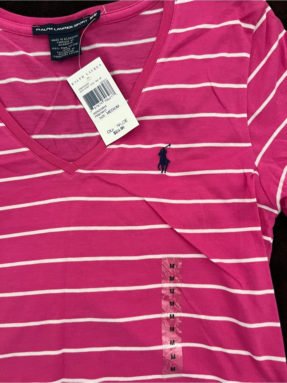 NWT Ralph Lauren Hot Pink Striped V-Neck Short Sleeve Tee - Picture 2 of 4